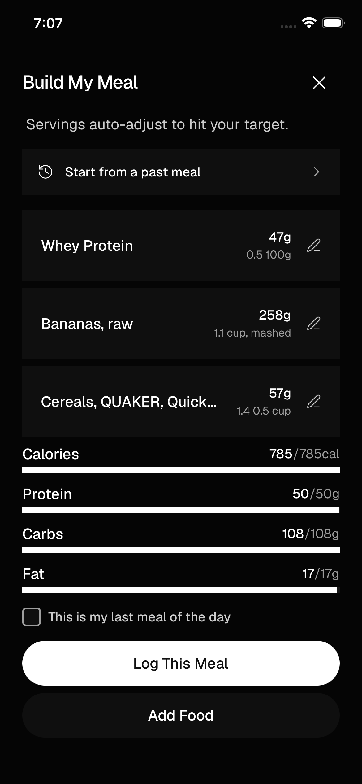 Build My Meal screen — portions auto-balance to hit your target