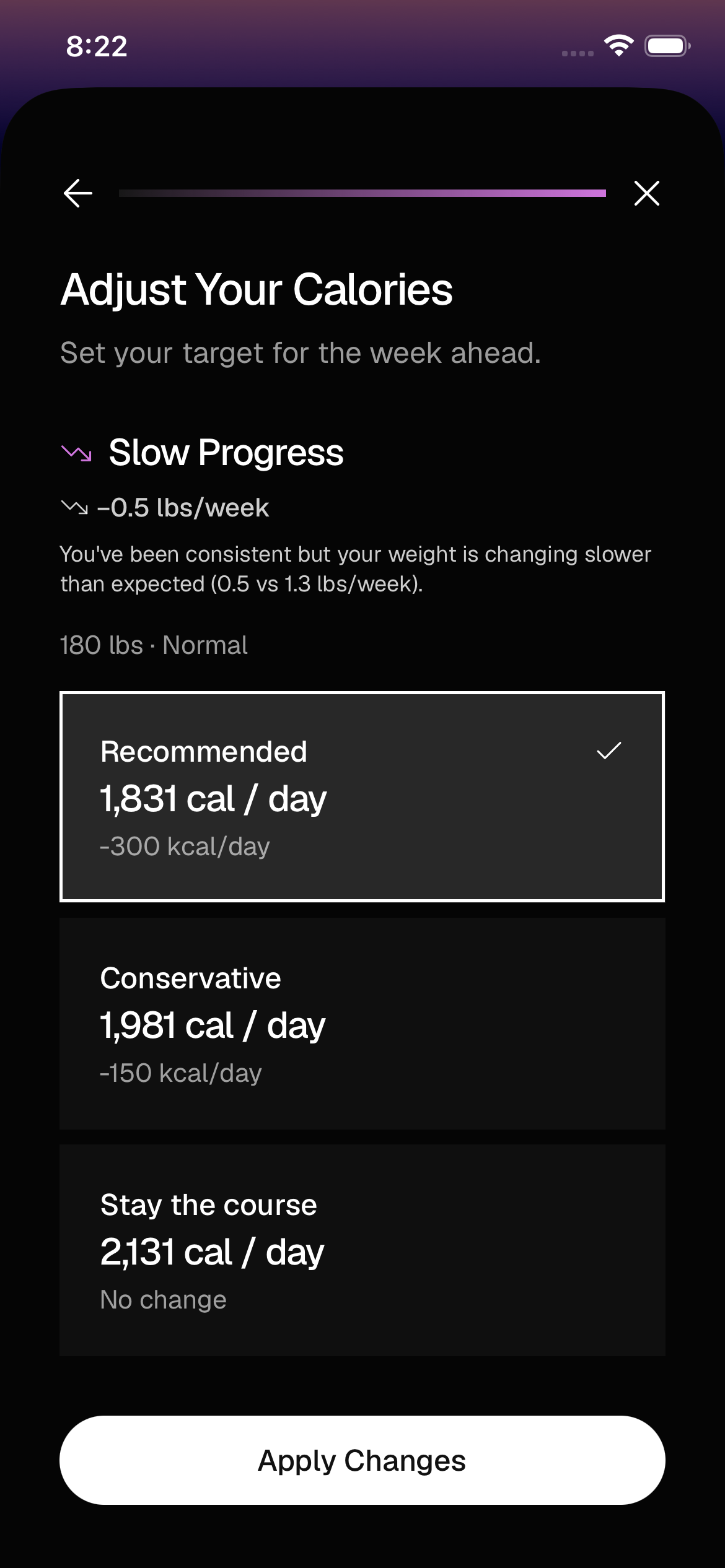 Weekly check-in screen — Rebalance reads your weight trend and suggests an updated calorie target