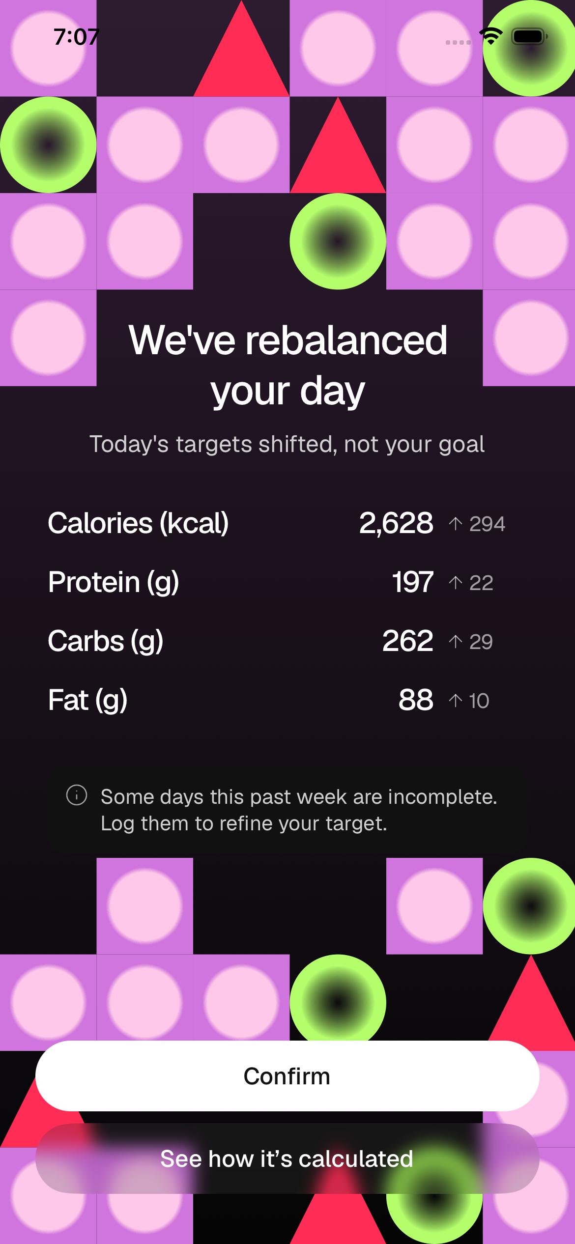 We've rebalanced your day screen — today's targets shifted up to absorb a heavy day, not your goal